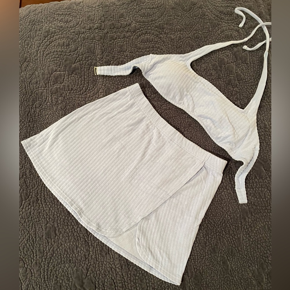 Powder blue terry cloth swim M top and S coverup skirt.